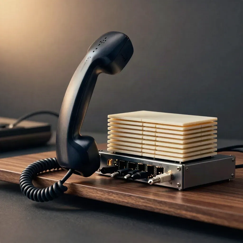 Live call-tracking handset, keyword chips, and routing module on a walnut rack shelf
