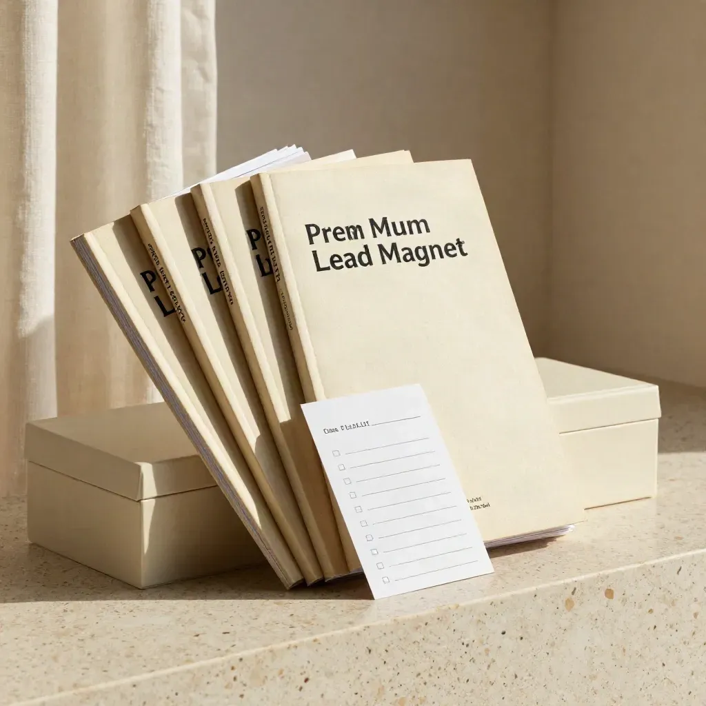Lead magnet kit of guides, a blank checklist card, and an archival box on travertine.