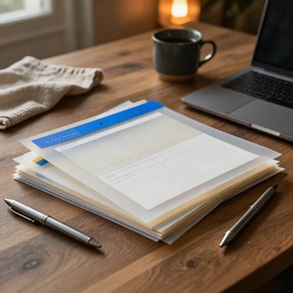 Translucent landing-page mockup sheets beside a closed laptop and blue tabs on a walnut table.