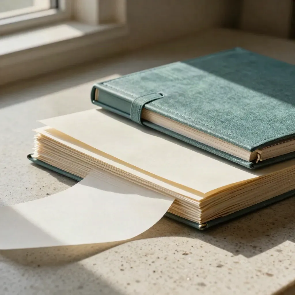Face-down page proofs, blank notebook, and research binder on pale stone in warm editorial light.