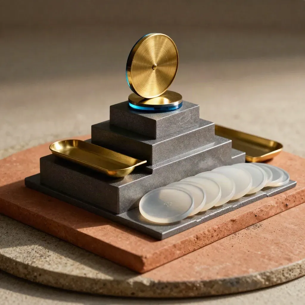 Tiered scoring tokens with a brass top piece on terracotta stone