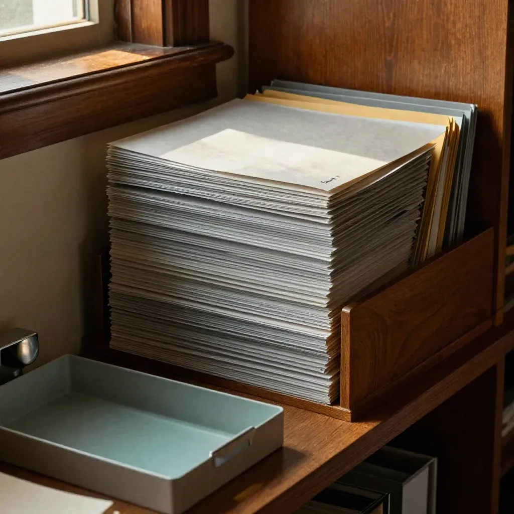 Warm agency shelf with folders, lead kits, and glowing inbox trays in cozy afternoon light.