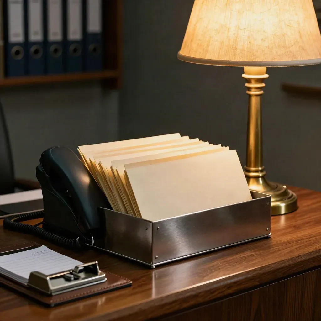 Brass lamp, dark desk phone, and file stack in a compact law-firm intake console.