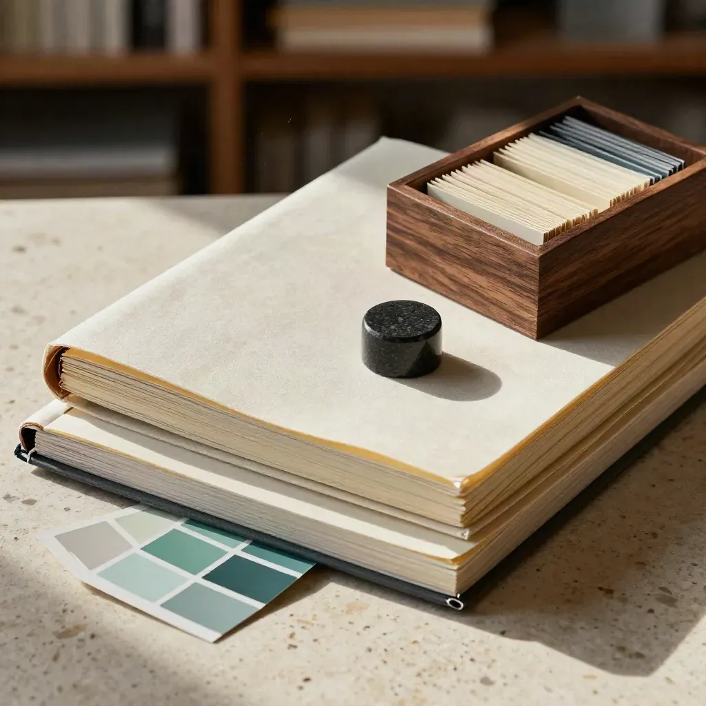 Macro still life of campaign notebooks, color chips, walnut card box and paperweight on travertine.