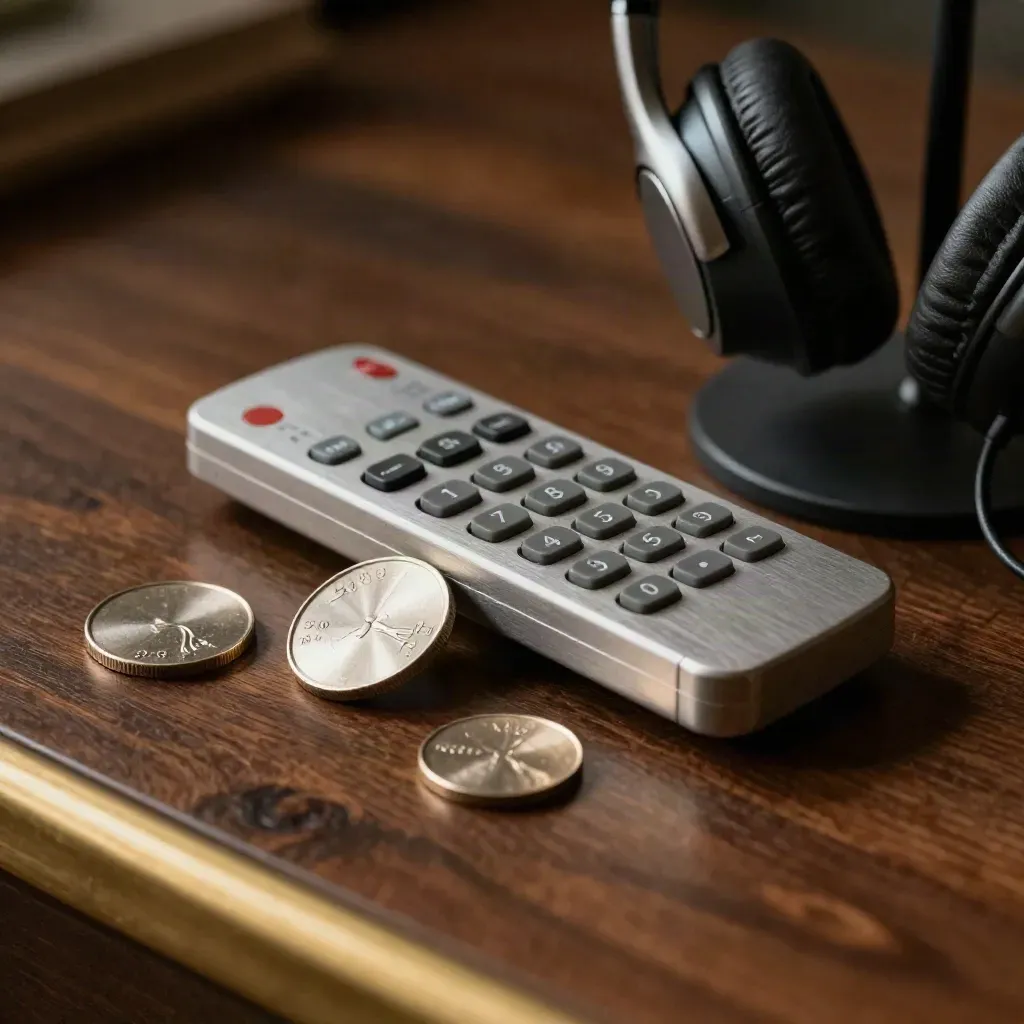 Brushed bid tokens, keypad remote, and headset stand on a dark walnut workbench.