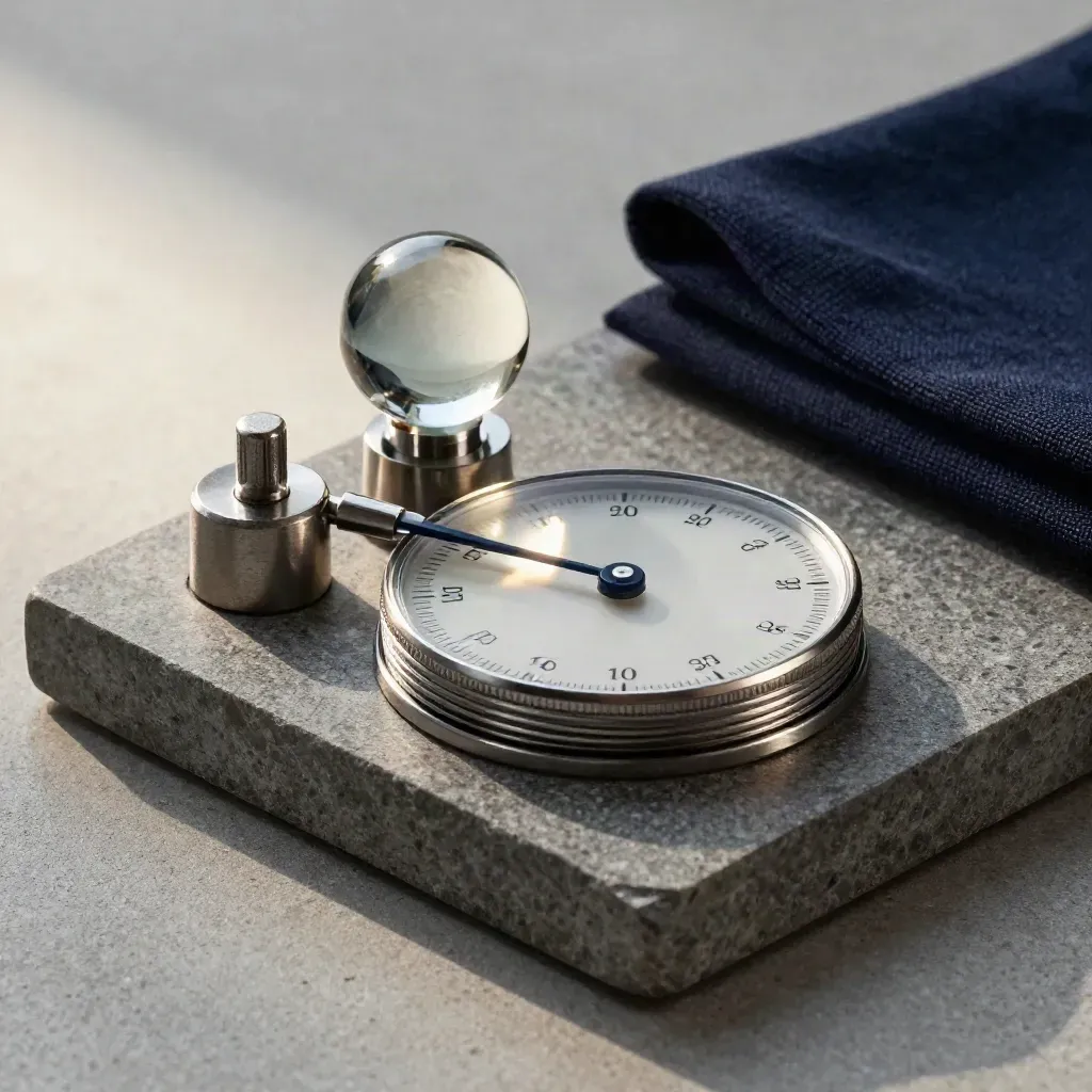 Macro still life of a dial, weights, and glass orb on stone with navy accent