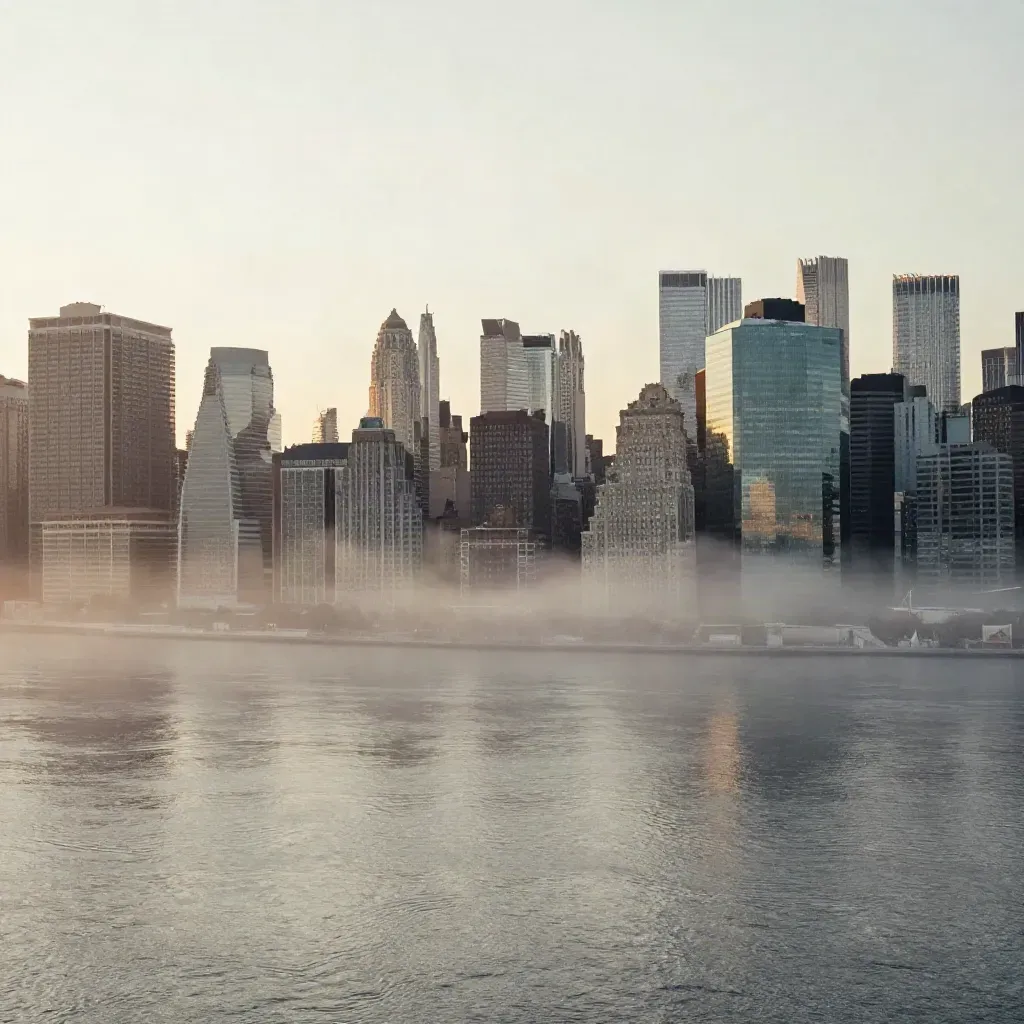 Manhattan skyline over the Hudson at dawn, mist above a calm river.