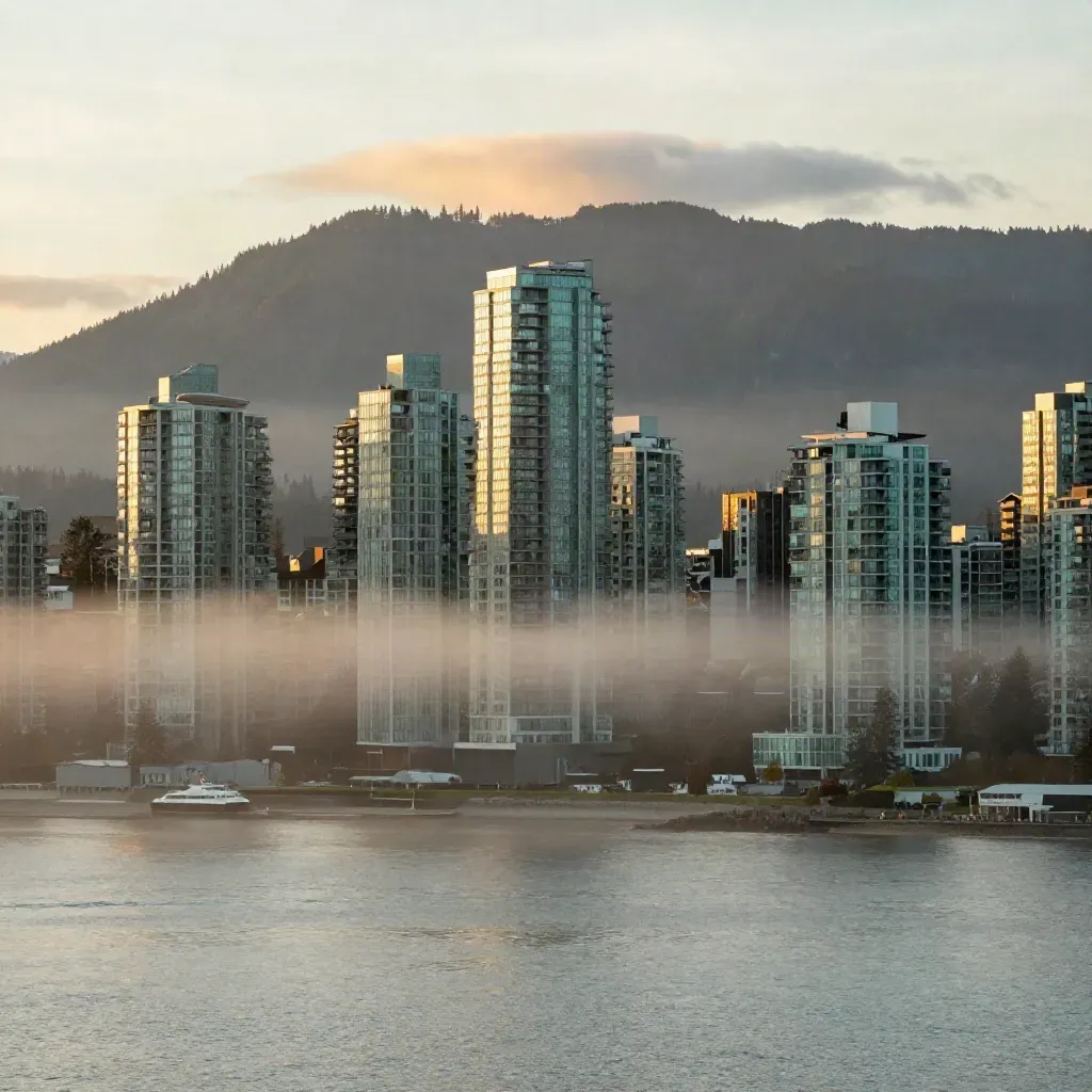 Vancouver skyline above a misty inlet and cedar ridges at dawn